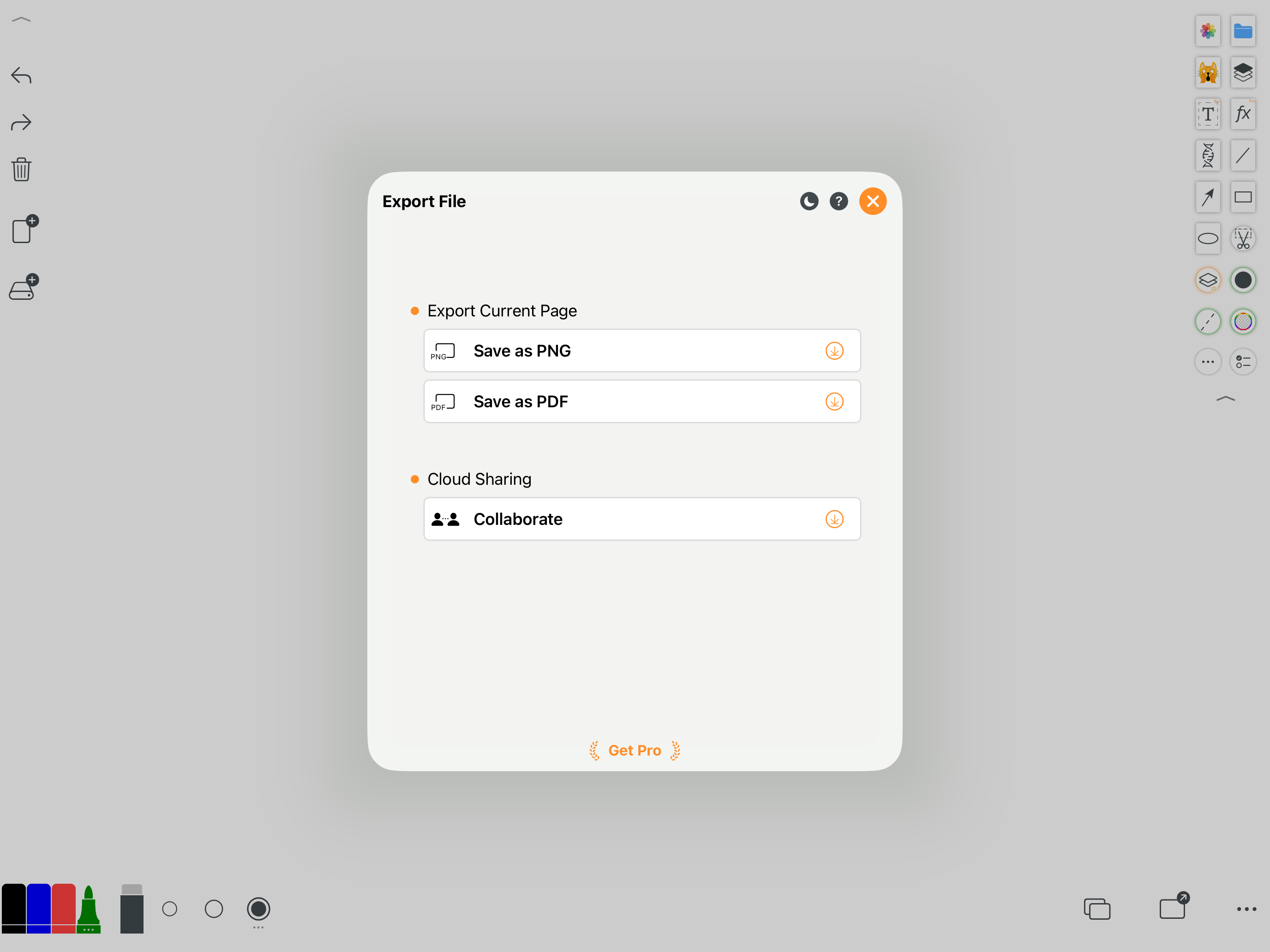 Whiteboard PNG, PDF and collaboration export panel